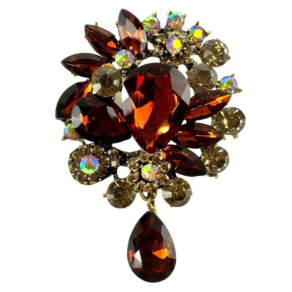unbranded Jewelry - Crystal Brooch Amber Cluster with Iridescent Stones & Teardrop Dangle